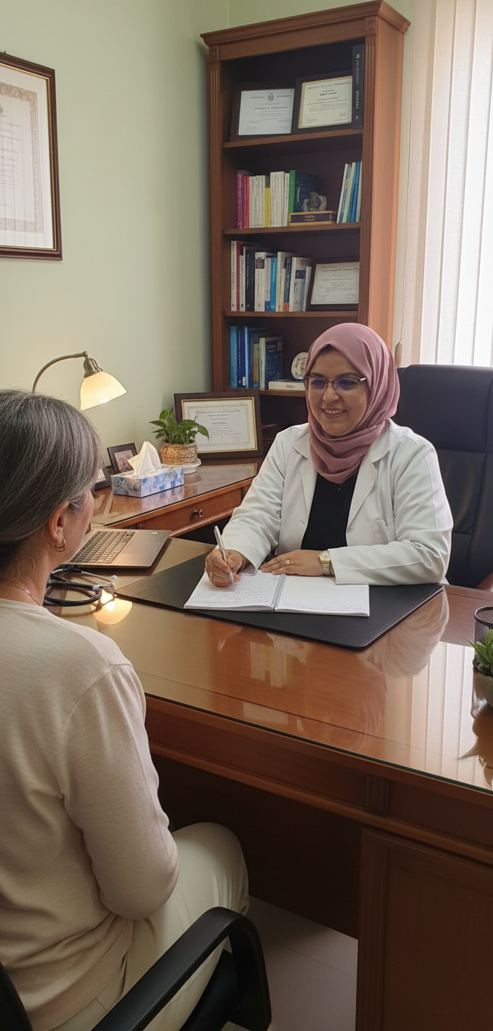 Accueil 3 Le Dr Intissar Hares, médecin généraliste à Larache, est assise à son bureau, en consultation avec un patient. Elle prend des notes et sourit, illustrant une prise en charge complète, attentive et personnalisée de la santé.
