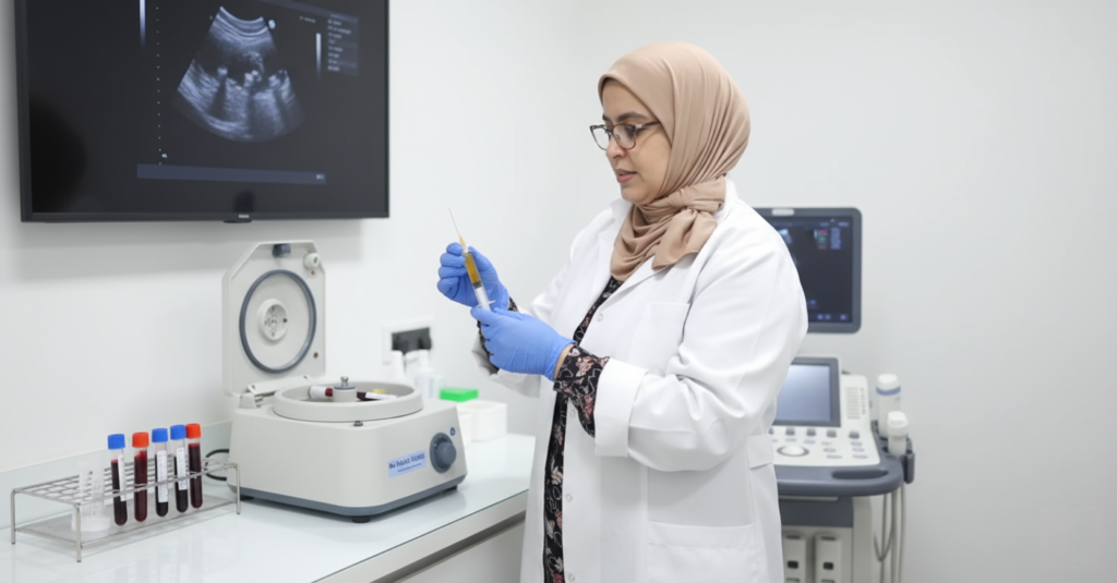 Accueil 5 Le Dr Intissar Hares, médecin généraliste à Larache, manipule une seringue de PRP (Plasma Riche en Plaquettes) à côté d'une centrifugeuse et d'un appareil d'échographie affichant une image médicale. L'image illustre la précision des diagnostics et les traitements de régénération tissulaire offerts au cabinet.