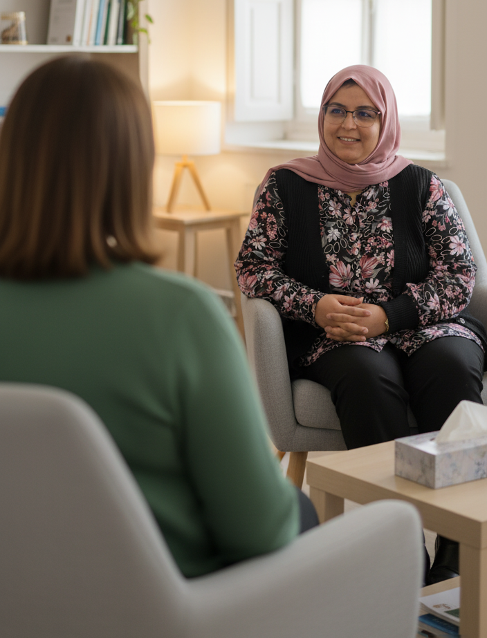 Accueil 4 Le Dr Intissar Hares, médecin généraliste et spécialisée en santé mentale, écoute attentivement un patient dans son cabinet de Larache. La scène évoque la bienveillance et le soutien.
